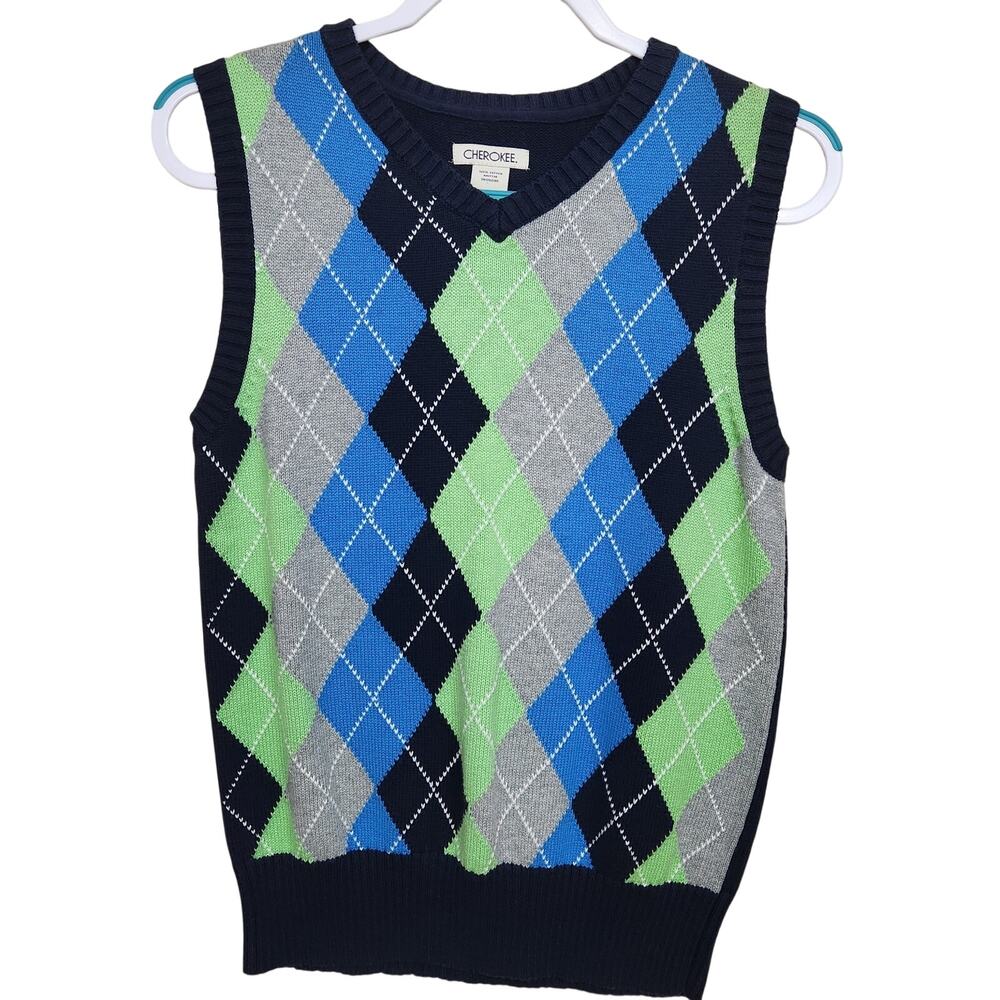 Cherokee Navy Argyle Knit Sweater Vest Boys SZ L Cotton V-Neck Preppy School
